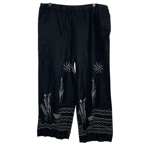 Chico's Design Black Printed Linen Trousers Womens 3 Wide Leg Pants Vintage - Picture 1 of 5